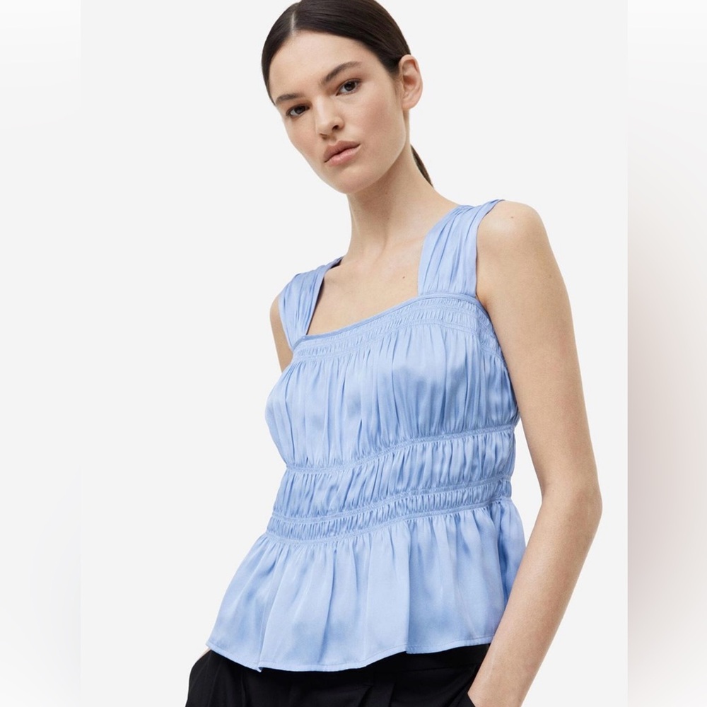 H&M Sky Blue Smocked Satin Sleeveless Blouse Size Large